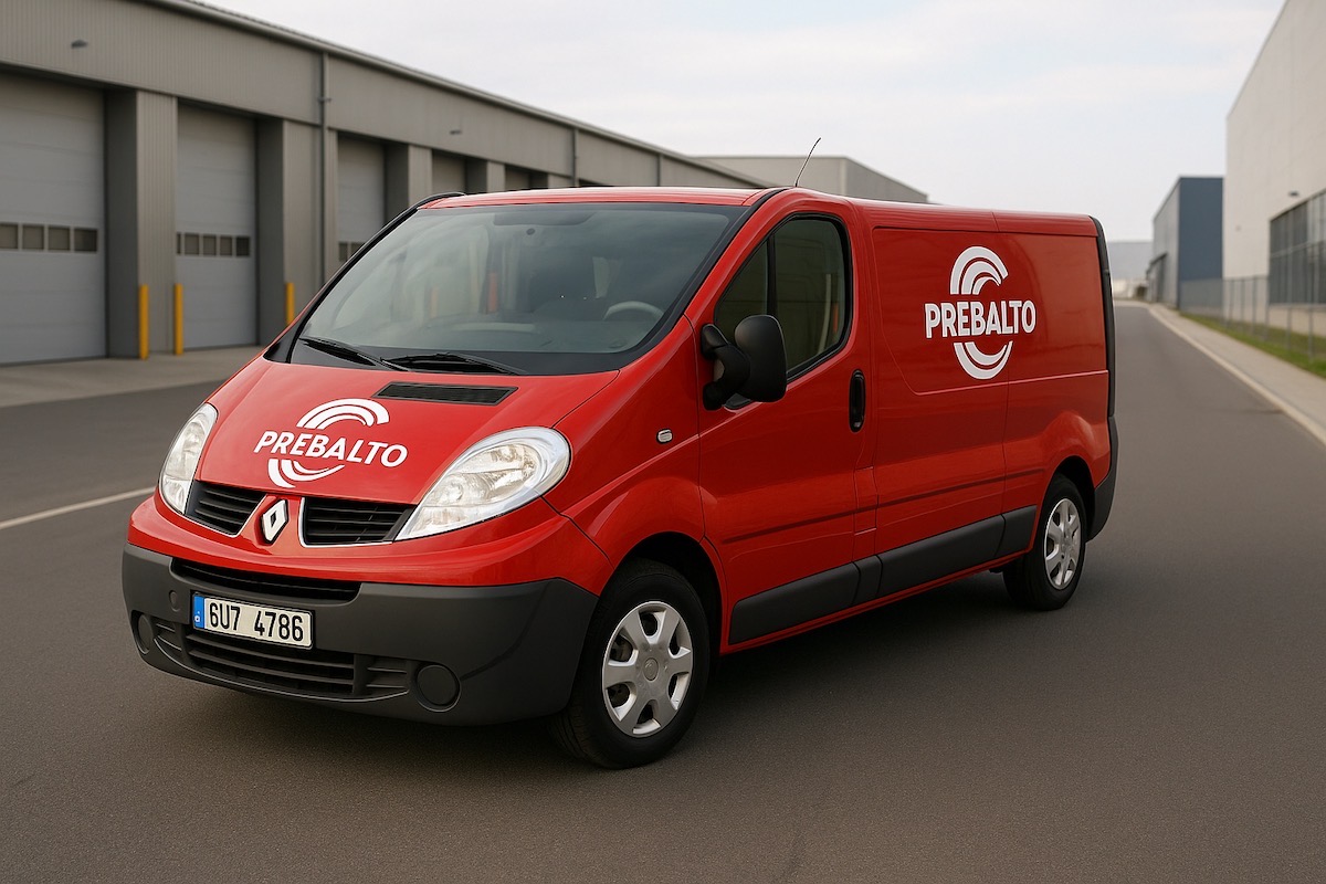 Červený Renault Trafic před skladem